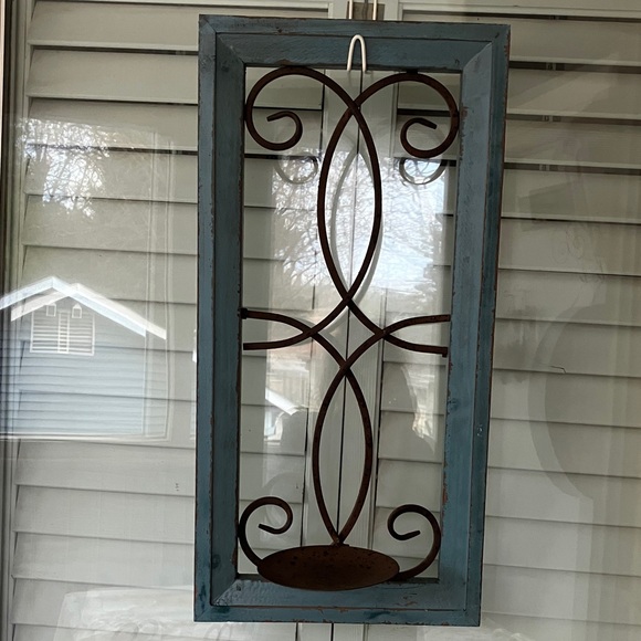 Other - Rustic Blue Wood Frame With Brown Metal Design With Metal Candle Holder